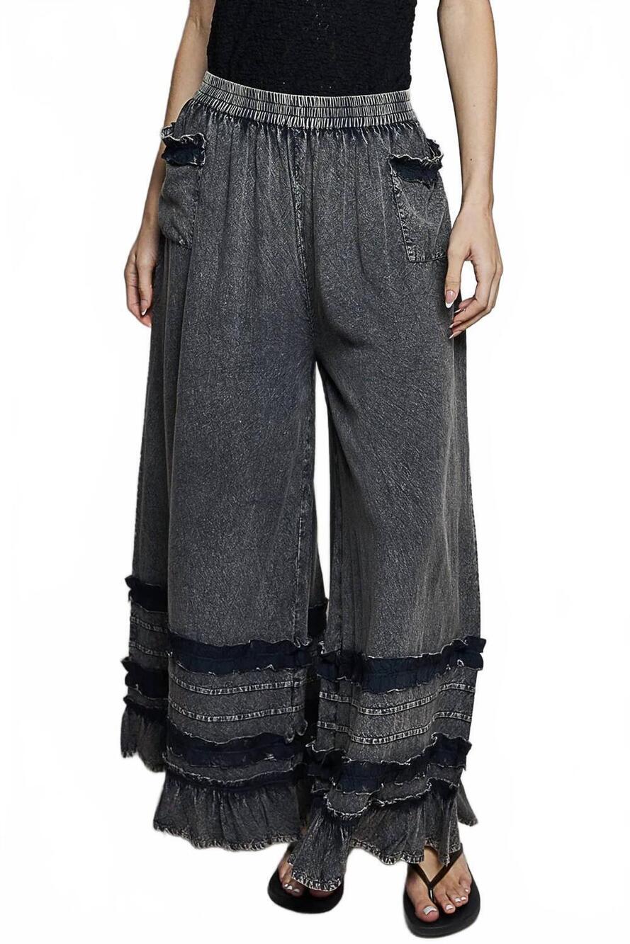 NEW POL ruffle detail wide leg woven pants in charcoal